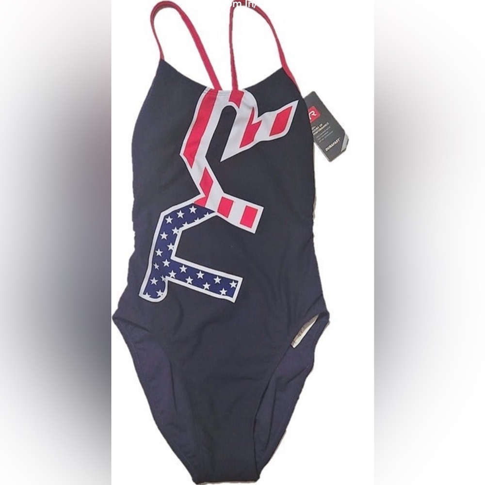 TYR Navy One-Piece Swimsuit with Red, White & Blue Graphic